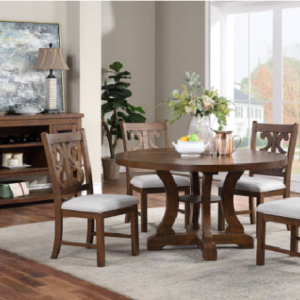 5-Piece Round Dining Set Crafted in Brown Pine Wood