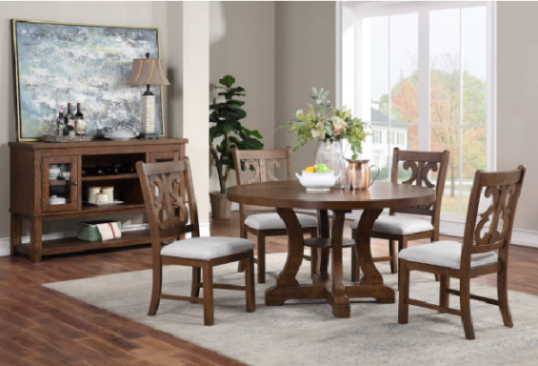 5-Piece Round Dining Set Crafted in Brown Pine Wood