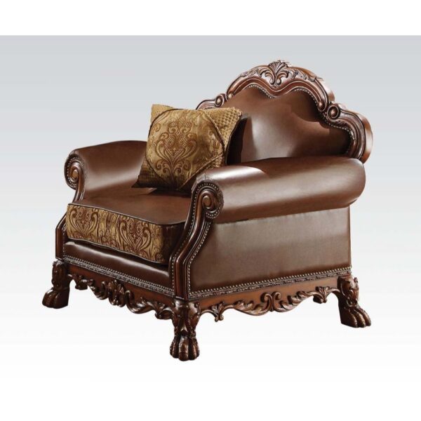 Dresden CHAIR WITH ONE PILLOW Brown PU & Chenille, Cherry Oak Finish