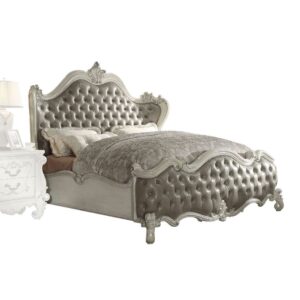 Versailles QUEEN BED Vintage Gray PU & Bone White Finish