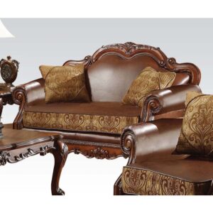 Dresden LOVESEAT WITH TWO PILLOWS Brown PU & Chenille, Cherry Oak Finish