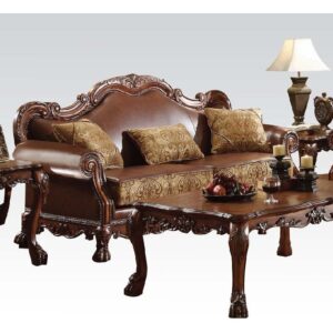 Dresden SOFA WITH THREE PILLOWS Brown PU & Chenille, Cherry Oak Finish