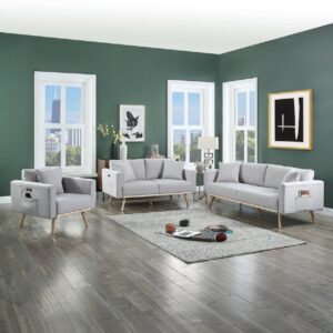 Sofa, love seat and chair in light gray linen