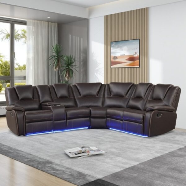 Veria Manual Recliner Sectional in Brown Faux Leather