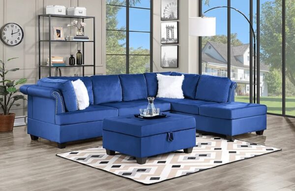 Living room, sectional with ottoman,sectional in blue