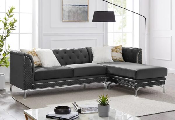 reversible sofa, sectional in grey, tufted sectional