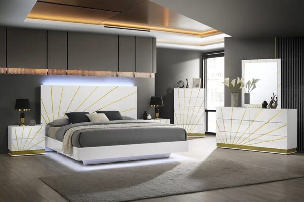 King-size bedroom set, High-Gloss Finish, White and Gold